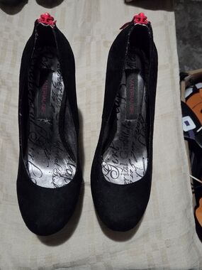 Material Girl Black Suede Pumps with Pink Heel Accent